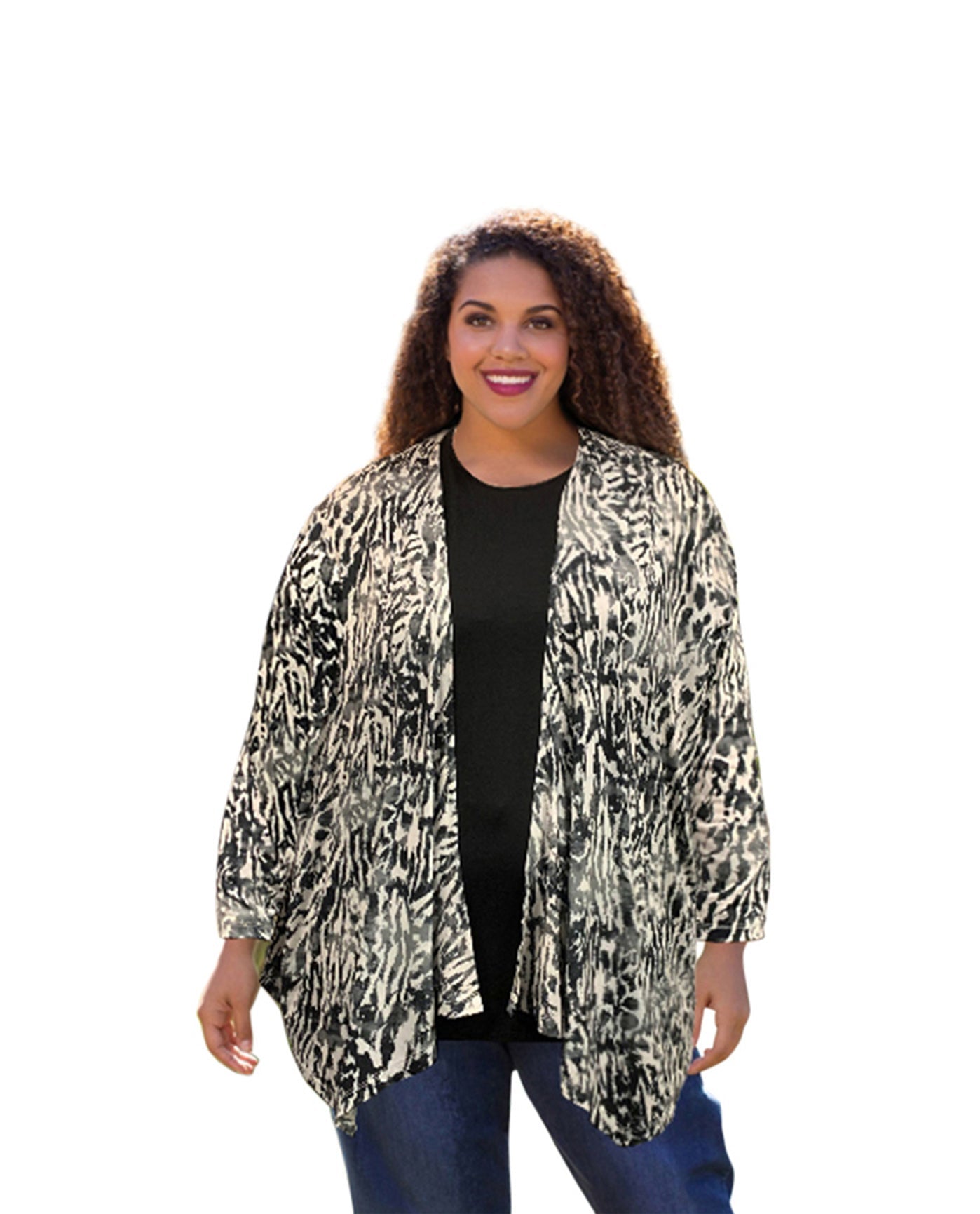 Front of Plus Size Long Sleeve Draped Cardigan | 263 OTPS BW Leopard