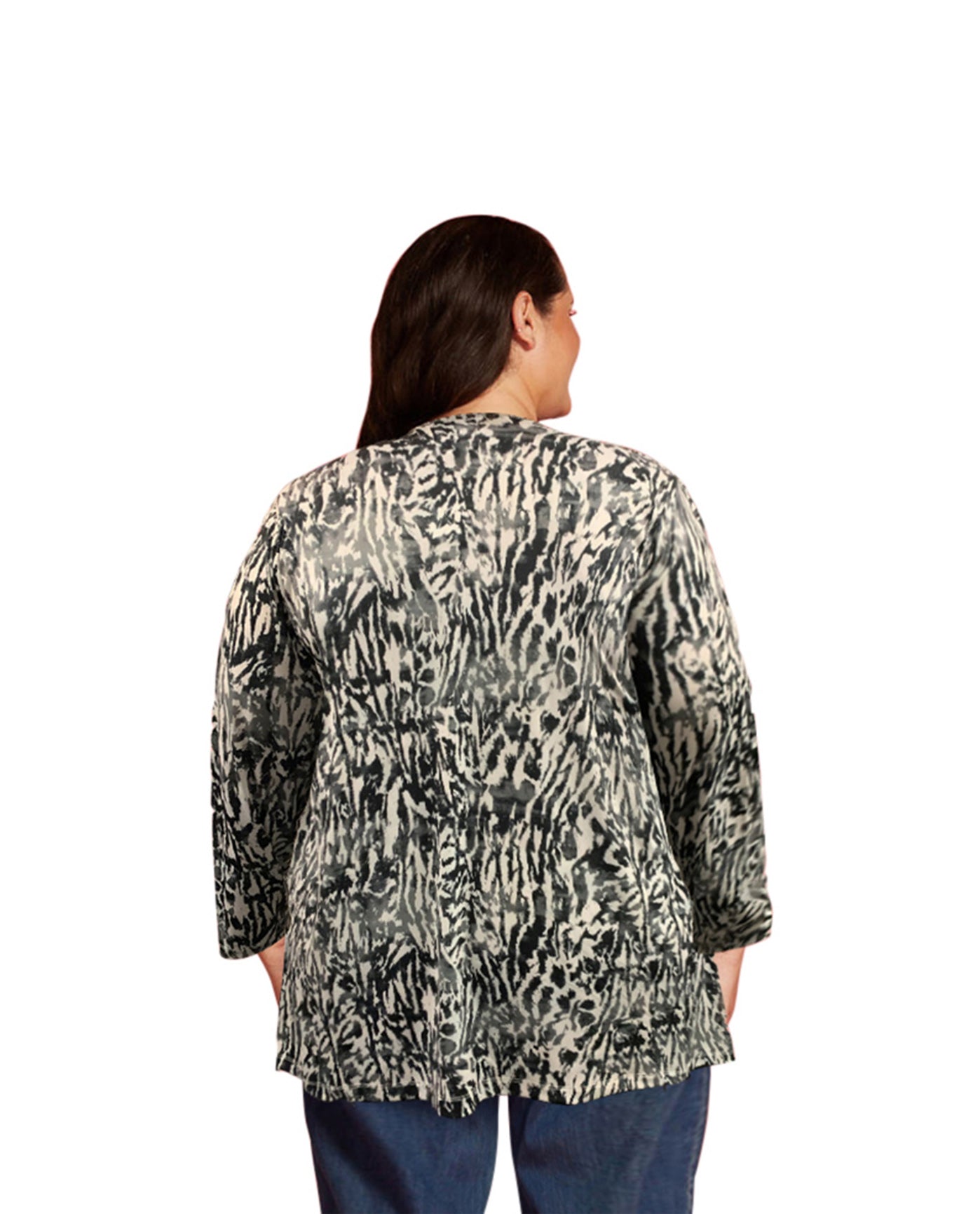 Back of Plus Size Long Sleeve Draped Cardigan | 263 OTPS BW Leopard