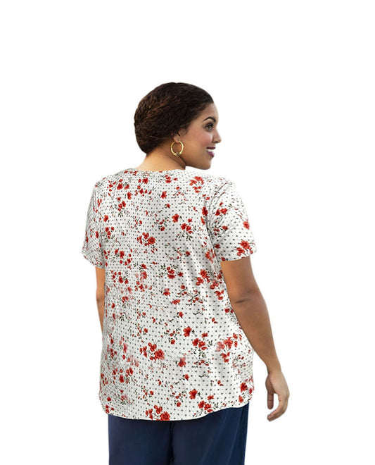 Back of Plus Size Printed Short Sleeve V-Neck Tunic | 276 OTPS BW Floral Dot