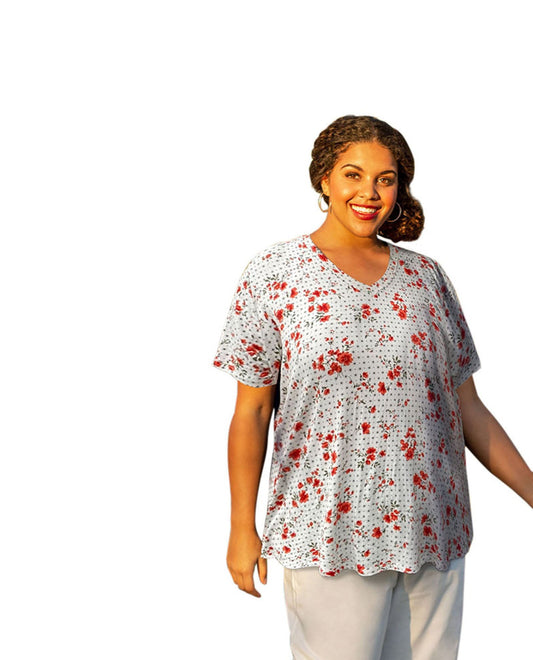 Front of Plus Size Printed Short Sleeve V-Neck Tunic | 276 OTPS BW Floral Dot