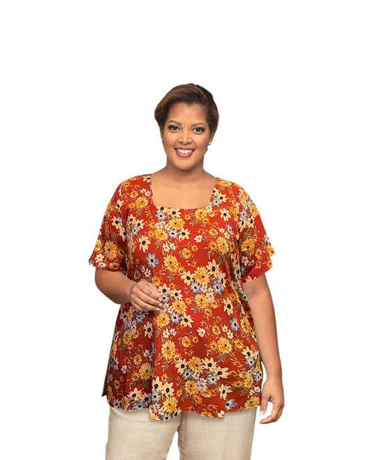 Front of Plus Size Printed Square Neck Tunic | 272 OTPS Red Ground Floral