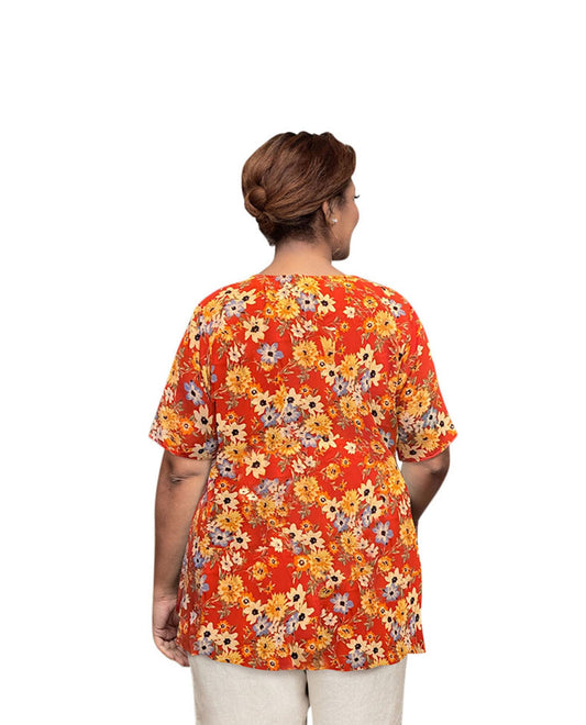 Back of Plus Size Printed Square Neck Tunic | 272 OTPS Red Ground Floral