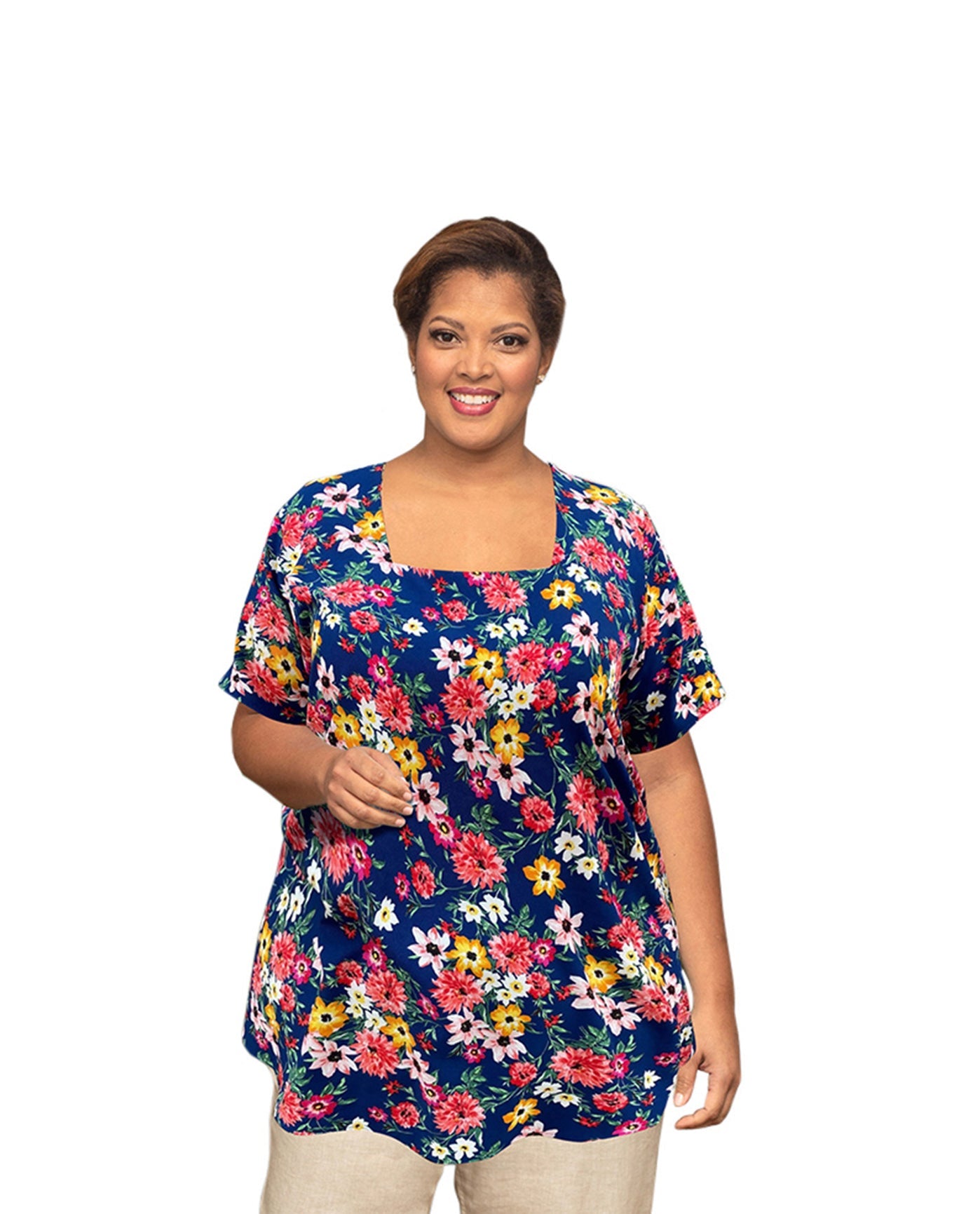 Front of Plus Size Printed Square Neck Tunic | 273 OTPS Navy Ground Floral