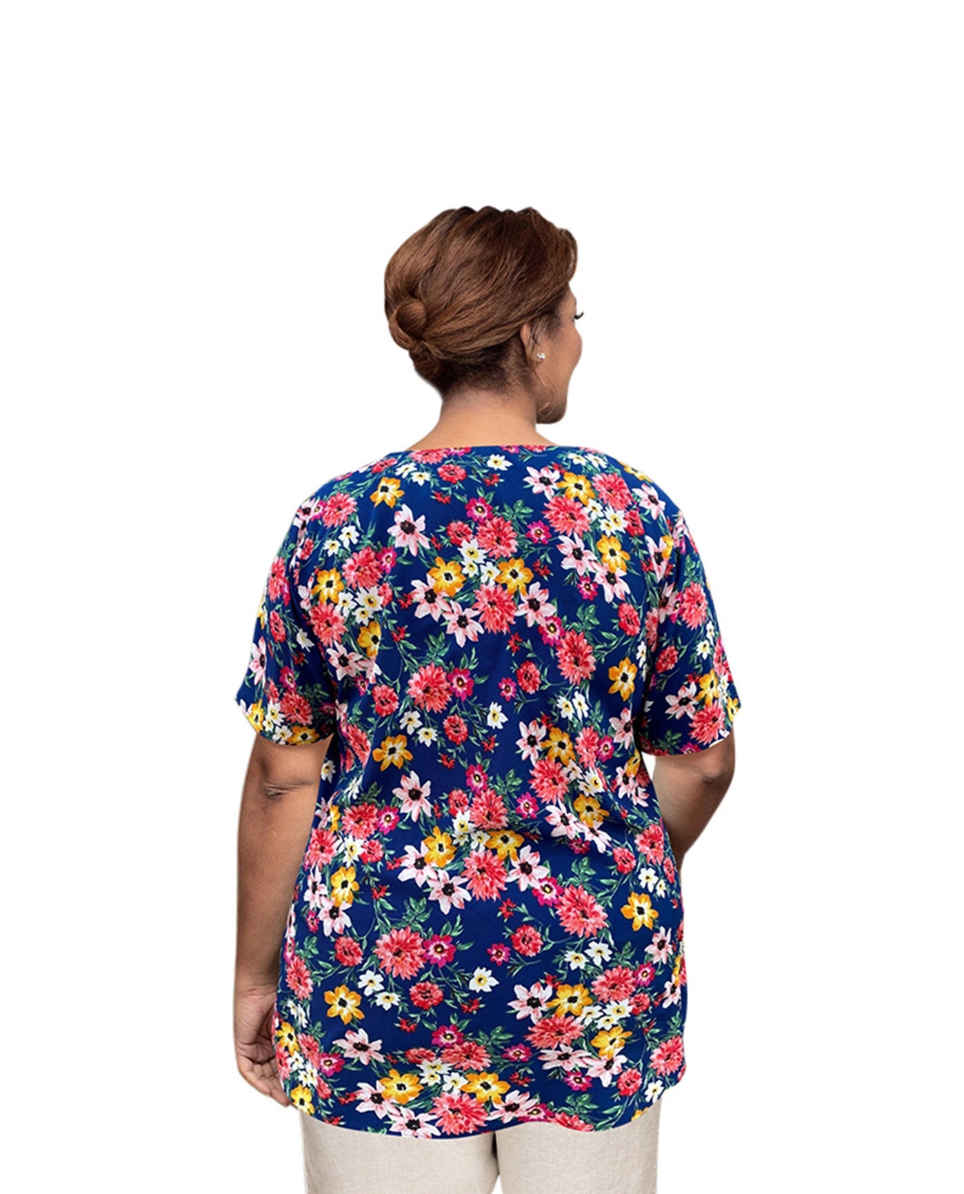 Back of Plus Size Printed Square Neck Tunic | 273 OTPS Navy Ground Floral