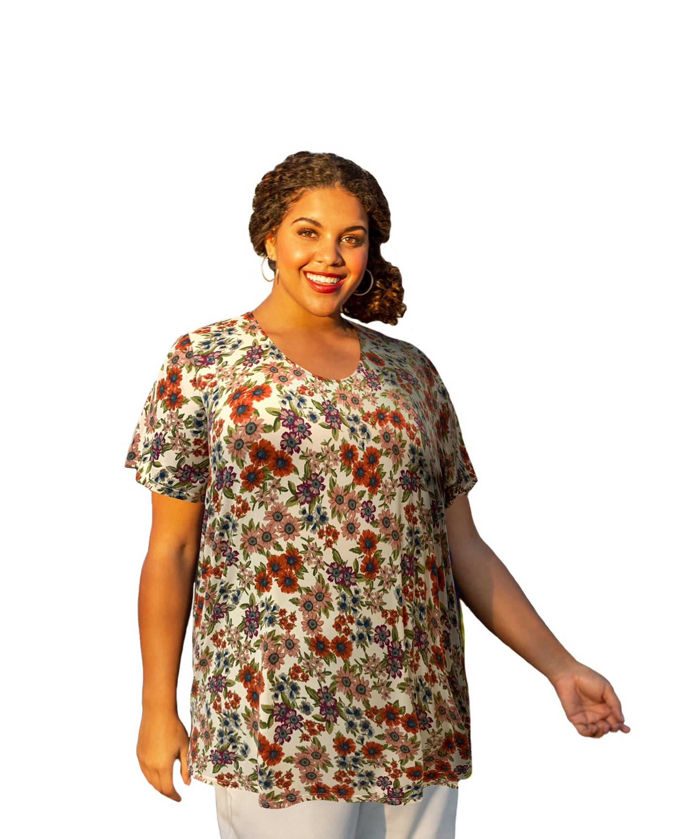 Front of Plus Size Printed Scoop Neck Short Sleeve Taylor Tunic | 268 OTPS White Ground Floral