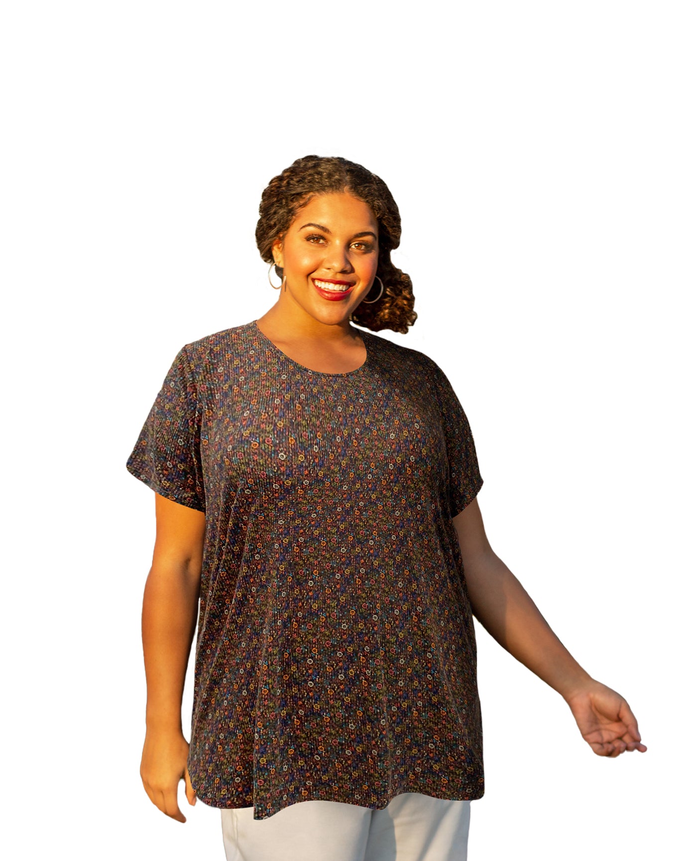 Front of Plus Size Printed Scoop Neck Short Sleeve Taylor Tunic | 269 OTPS Multi Color Ditzy Floral