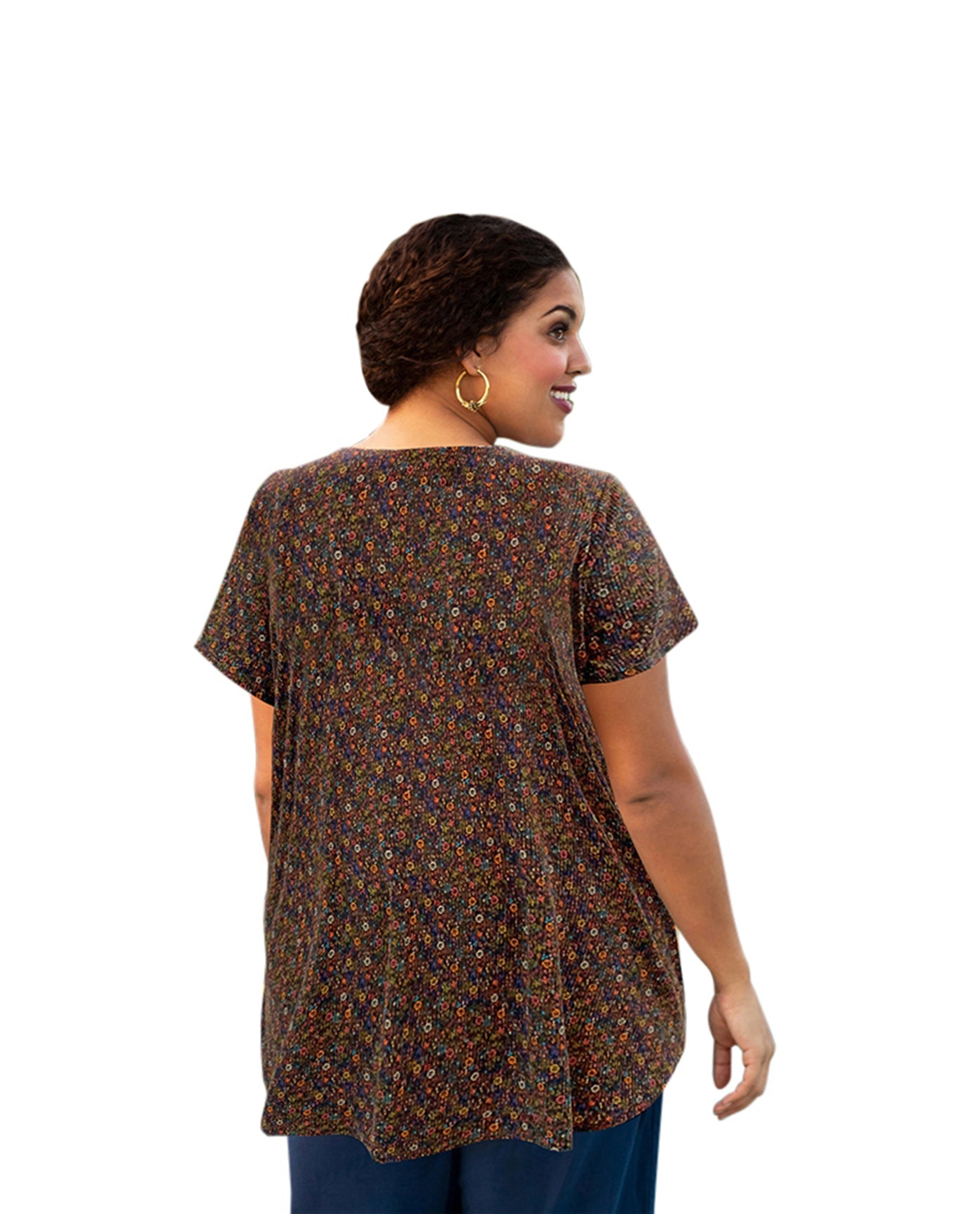 Back of Plus Size Printed Scoop Neck Short Sleeve Taylor Tunic | 269 OTPS Multi Color Ditzy Floral