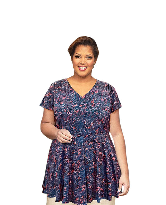 Front of Plus Size Printed Short Sleeve Baby Doll Top | 237 OTPS Blue Palm