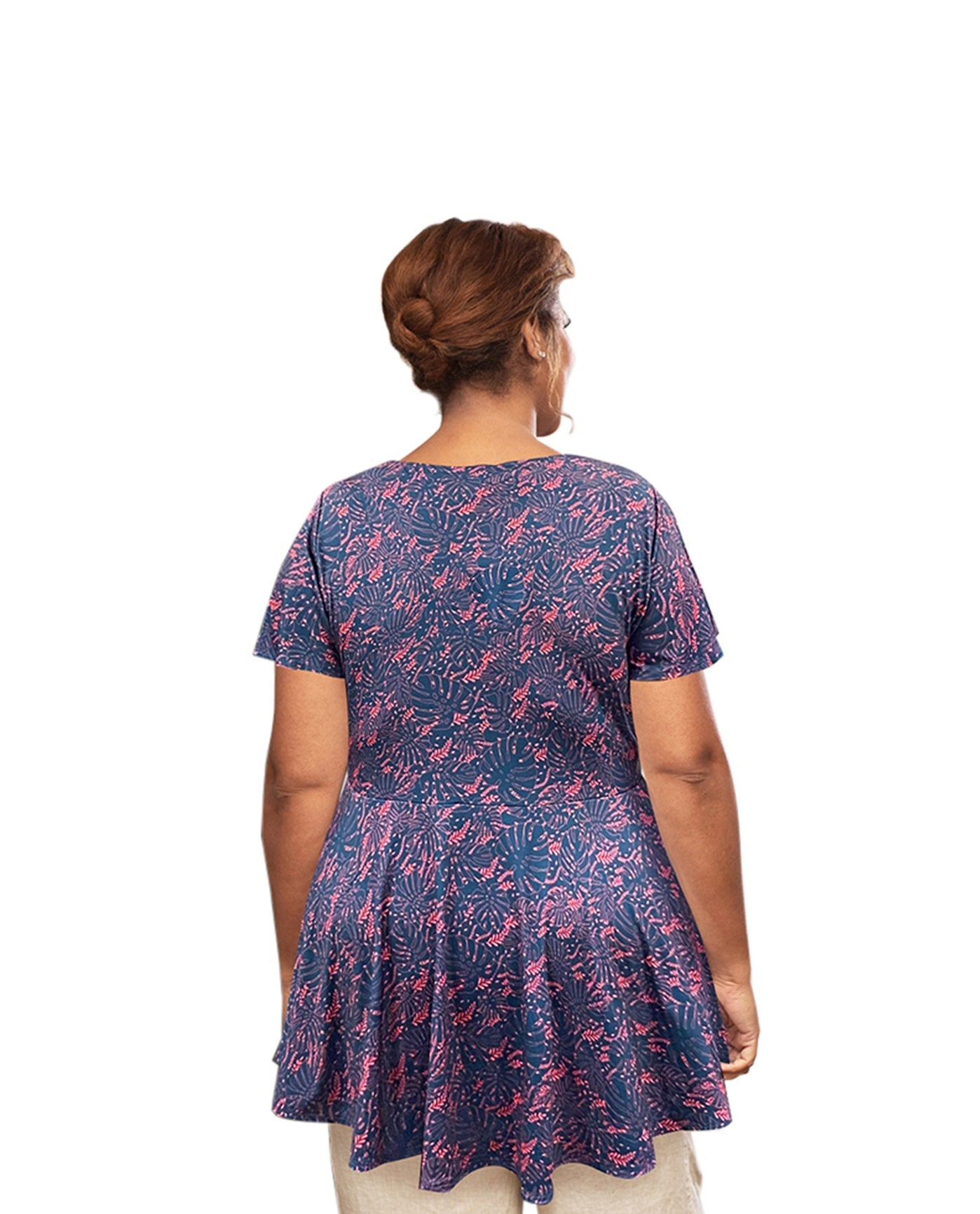 Back of Plus Size Printed Short Sleeve Baby Doll Top | 237 OTPS Blue Palm