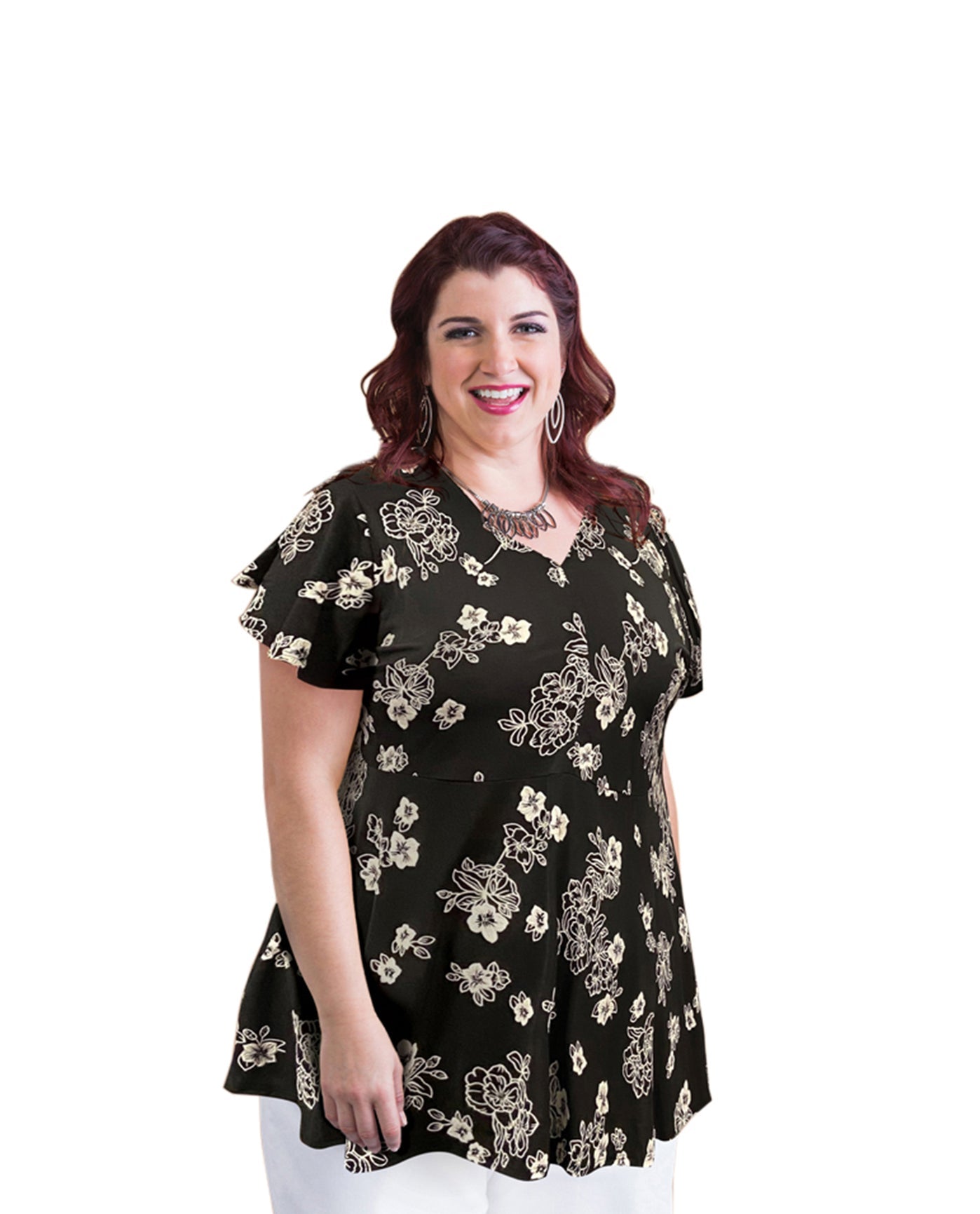 Front of Printed Short Sleeve Plus Size Baby Doll Top | 249 OTPS BW Floral