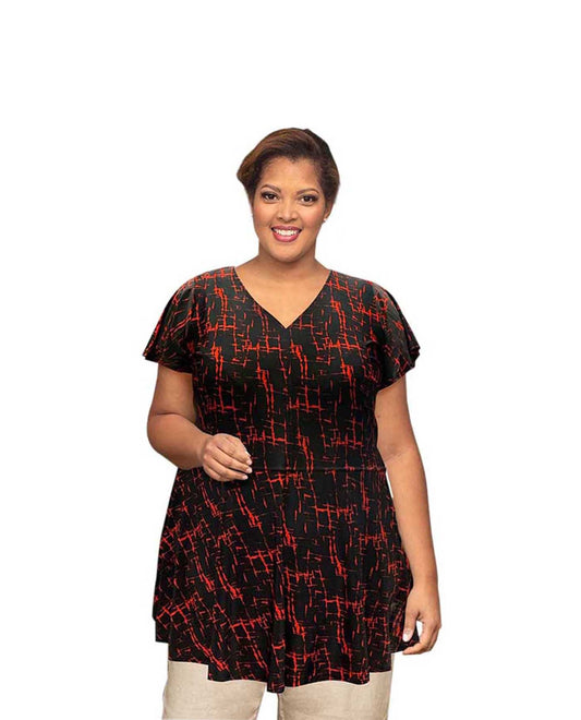 Front of Plus Size Short Sleeve Baby Doll Top | 257 OTPS Red Grid