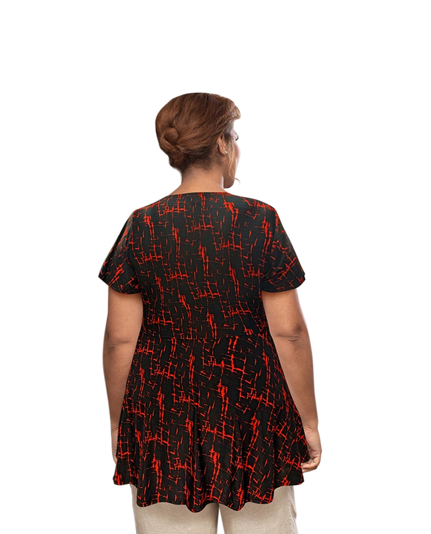 Back of Plus Size Short Sleeve Baby Doll Top | 257 OTPS Red Grid