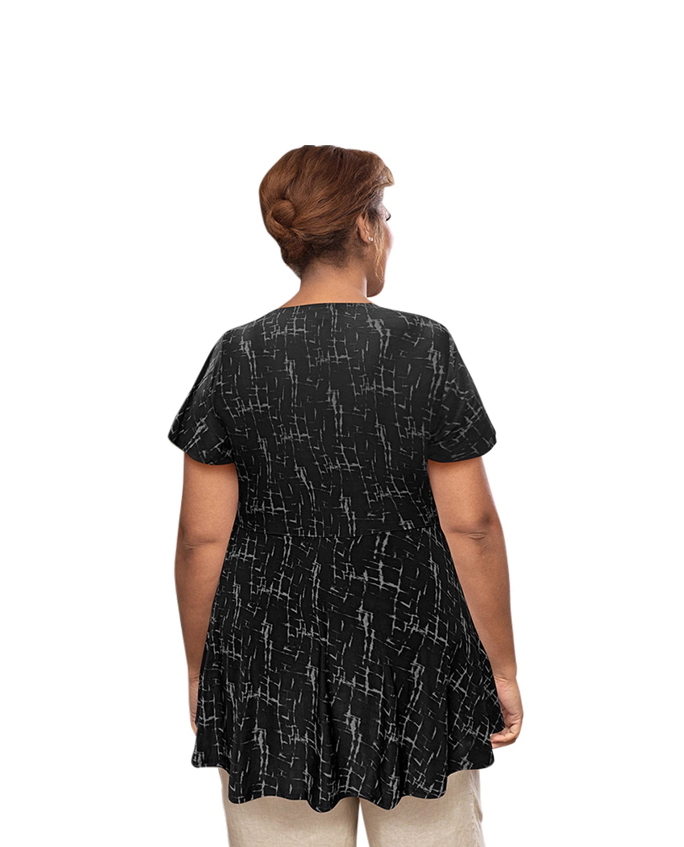 Back of Plus Size Short Sleeve Baby Doll Top | 258 OTPS Grey Grid