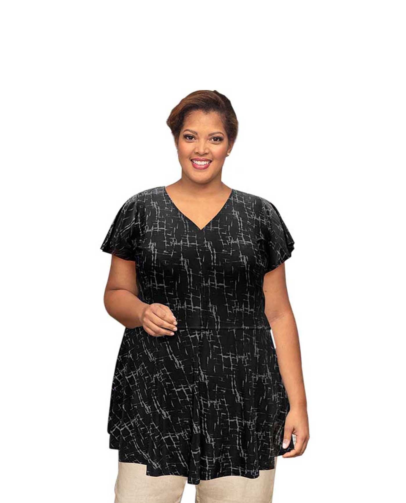 Front of Plus Size Short Sleeve Baby Doll Top | 258 OTPS Grey Grid