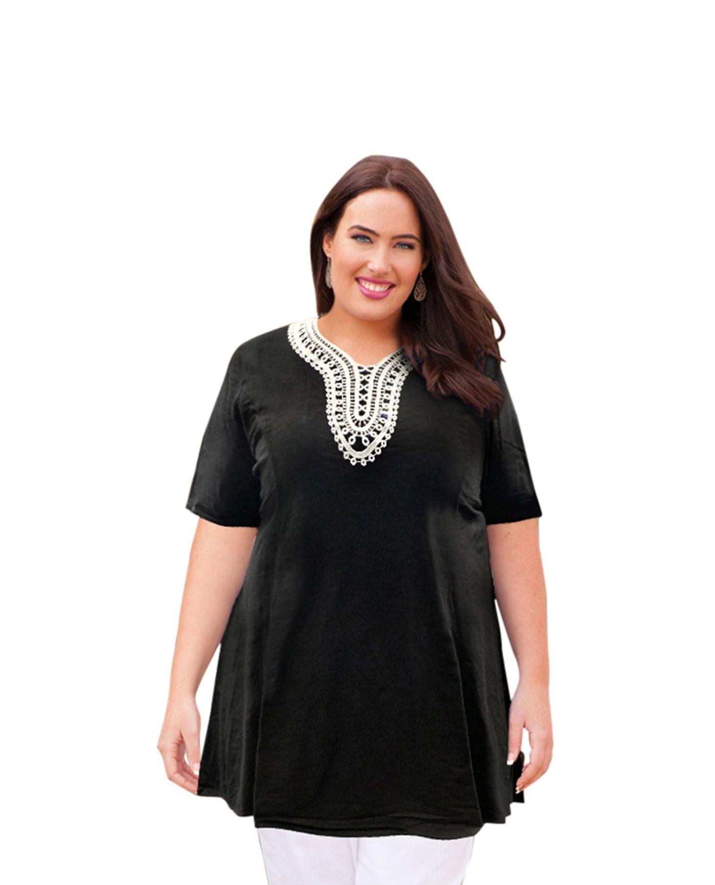 Front of Cotton Applique Short Sleeve V-Neck Plus Size Top | 034 OTPS Black White