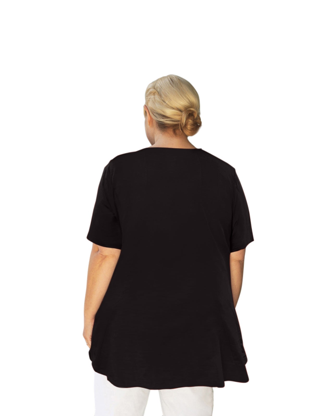 Back of Cotton Applique Short Sleeve V-Neck Plus Size Top | 034 OTPS Black White