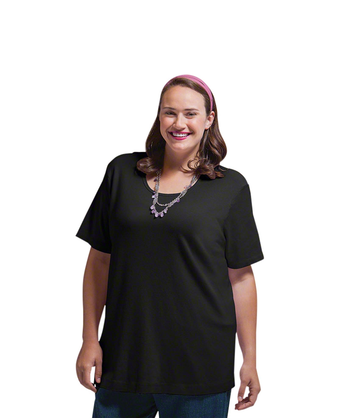 Front of Plus Size Jersey U-Neck Short Sleeve Tee | 001 OTPS Black