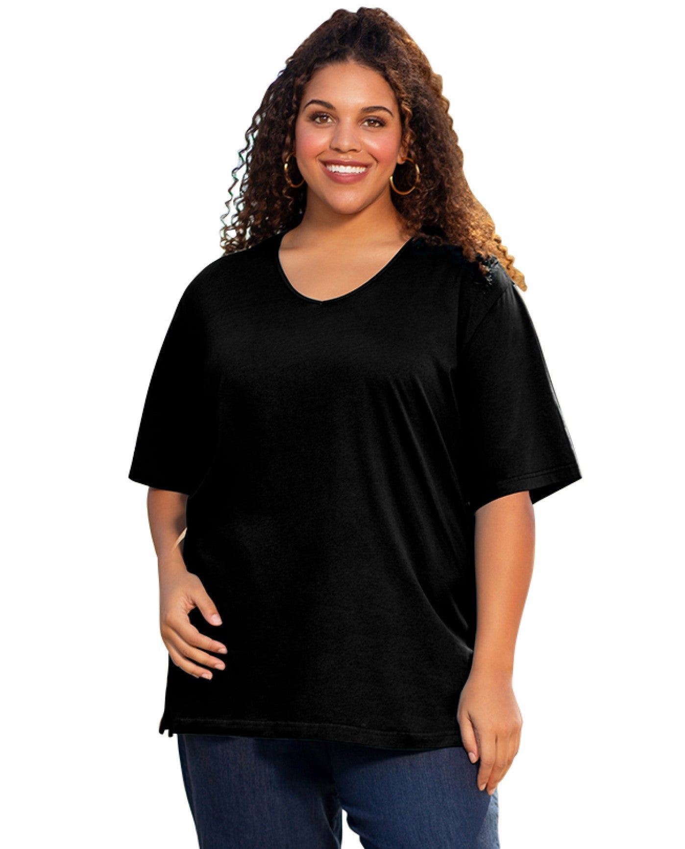 Front View of On The Plus Side Black Plus Size Jersey V-Neck Short Sleeve Tee |  OTPS BLACK
