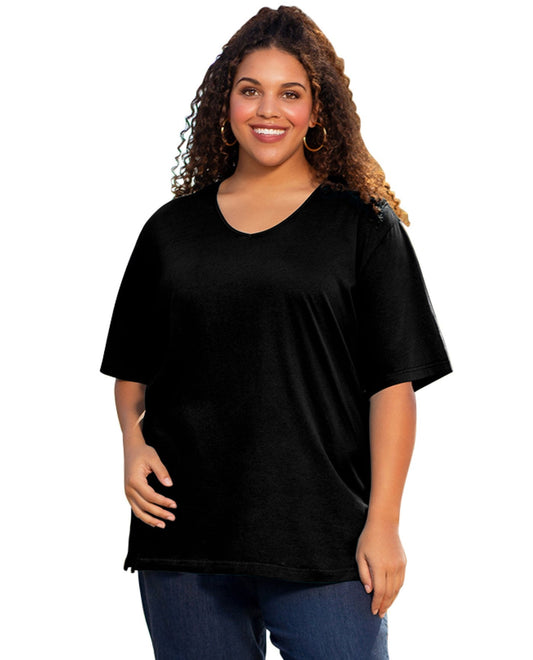 Front View of On The Plus Side Black Plus Size Jersey V-Neck Short Sleeve Tee |  OTPS BLACK