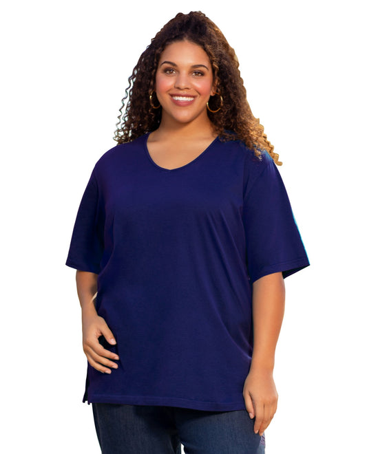 Front View of On The Plus Side Blueberry Jersey V-Neck Short Sleeve Plus Size Tee | OTPS BLUEBERRY
