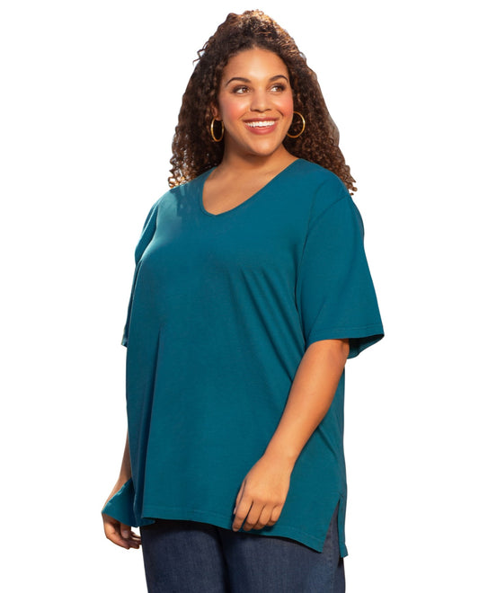 Front View of On The Plus Side Deep Sea Jersey V-Neck Short Sleeve Plus Size Tee | OTPS DEEP SEA