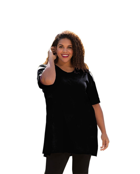 Front of Plus Size Jersey Short Sleeve V-Neck Tunic | 001 OTPS Black