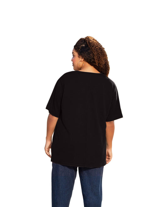 Back of Plus Size Jersey Short Sleeve V-Neck Tunic | 001 OTPS Black