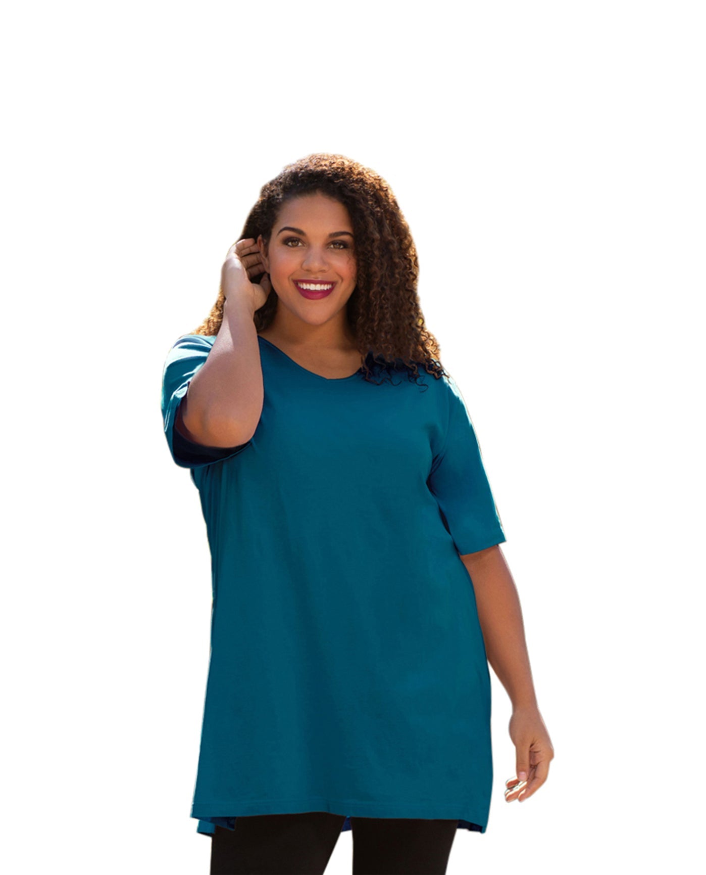 Front of Plus Size Jersey Short Sleeve V-Neck Tunic | 006 OTPS Deep Sea