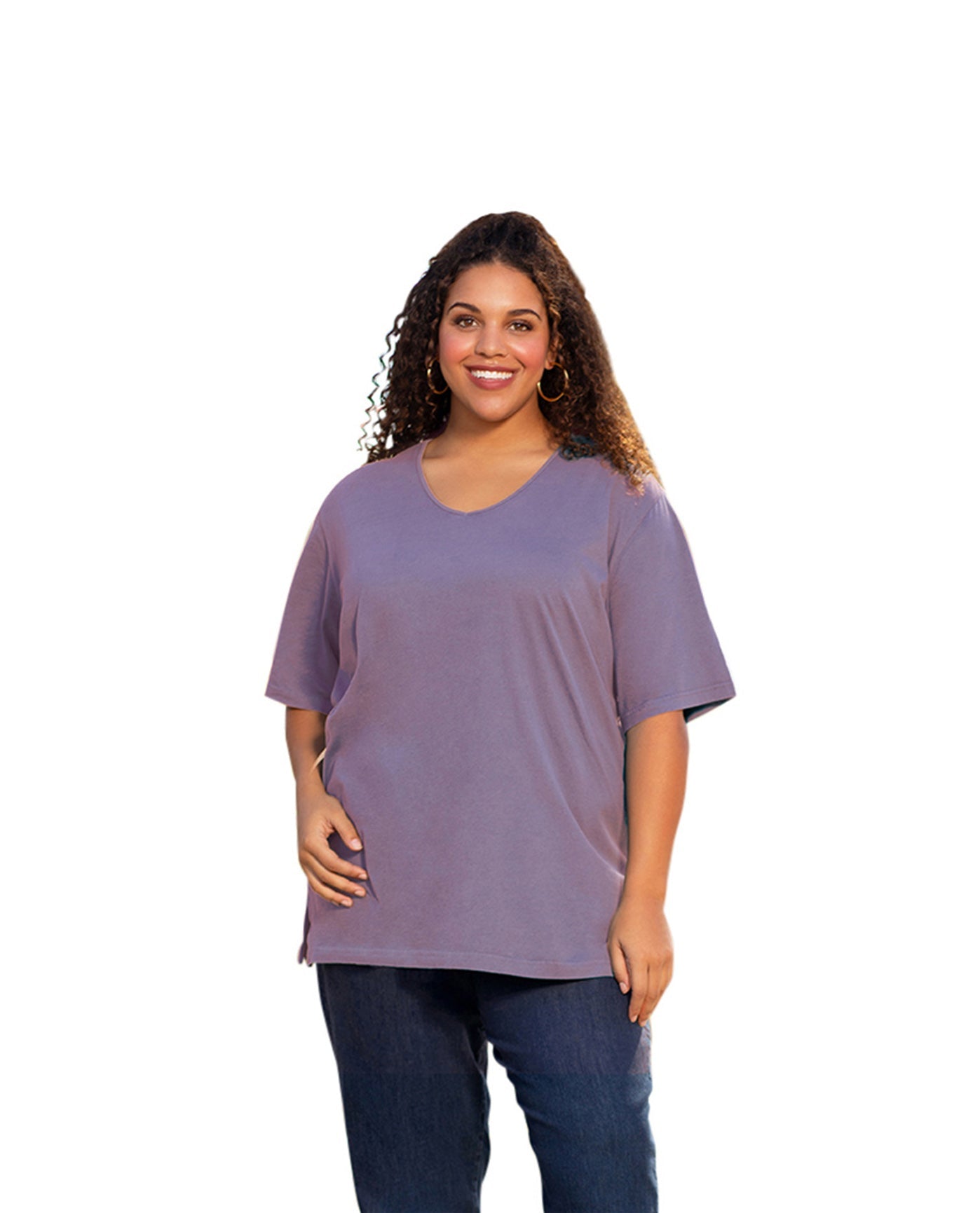 Front of Plus Size Jersey Short Sleeve V-Neck Tunic | 043 OTPS Dusty Lavender