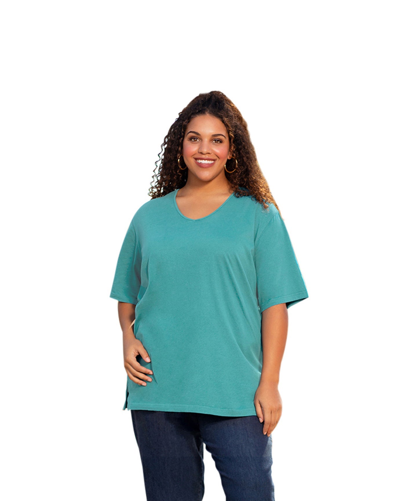 Front of Plus Size Jersey Short Sleeve V-Neck Tunic | 044 OTPS Emerald Green