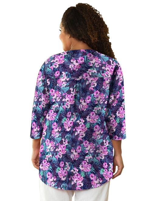 Back View of On The Plus Side Purple Printed Pleated 3/4 Sleeve Mandarin Collar Tunic |  OTPS PURPLE