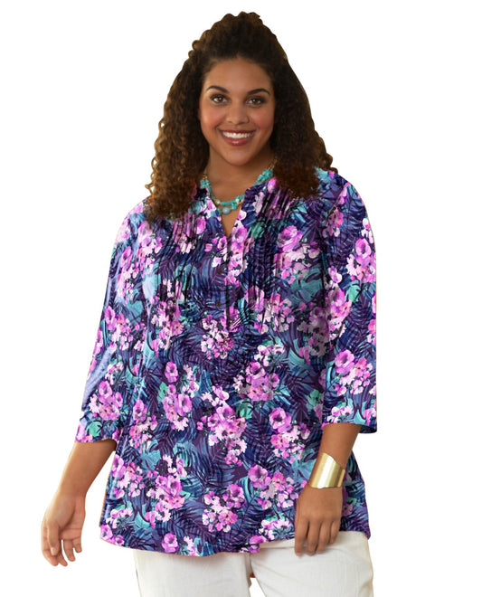 Front View of On The Plus Side Purple Printed Pleated 3/4 Sleeve Mandarin Collar Tunic |  OTPS PURPLE