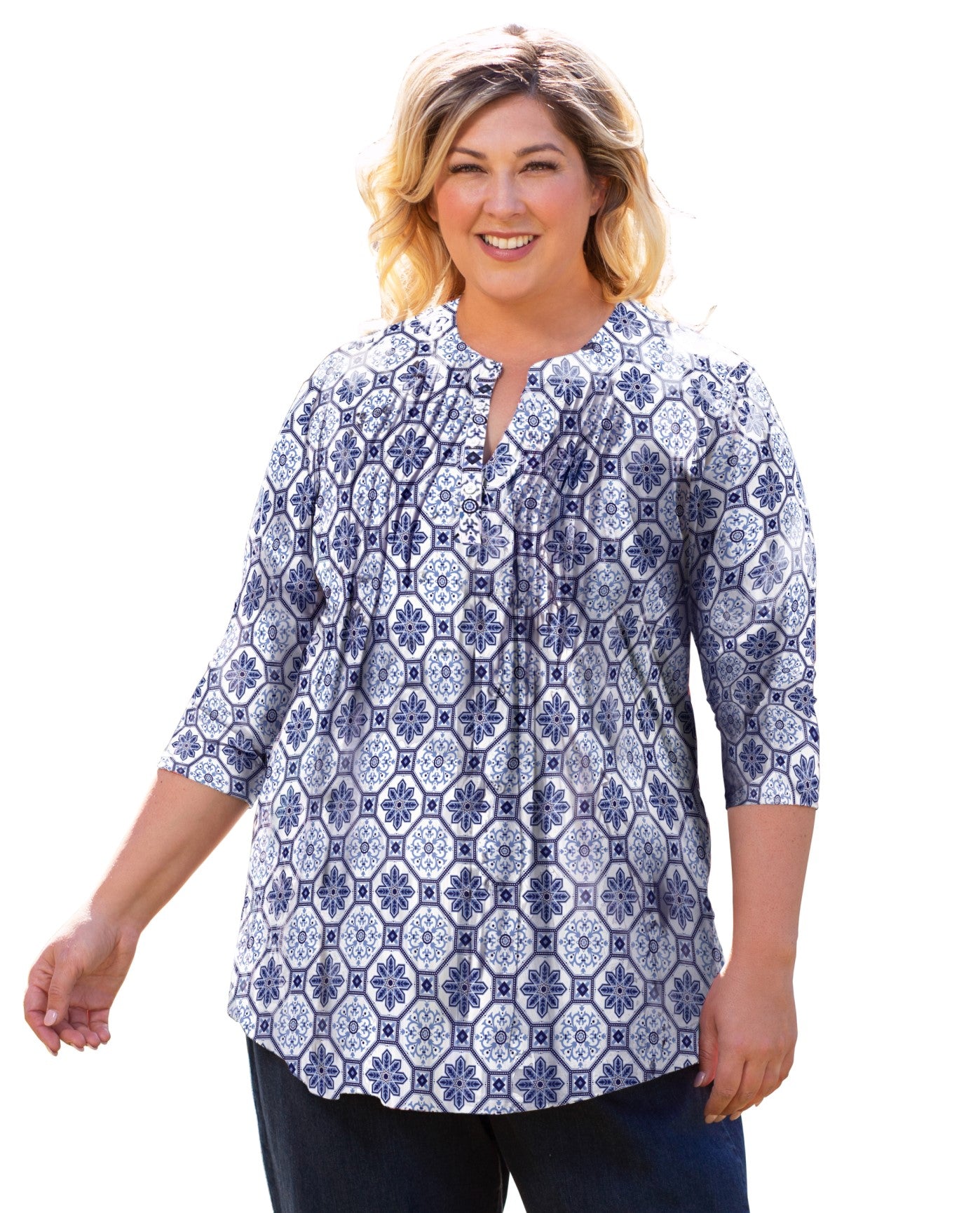 Front View of On The Plus Side Blue Printed Pleated 3/4 Sleeve Mandarin Collar Tunic | OTPS BLUE