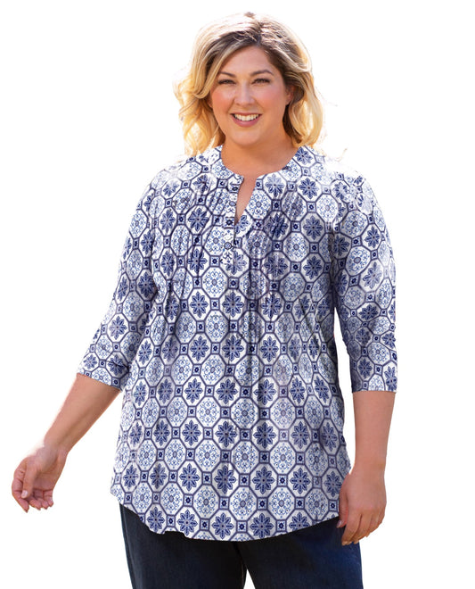 Front View of On The Plus Side Blue Printed Pleated 3/4 Sleeve Mandarin Collar Tunic | OTPS BLUE