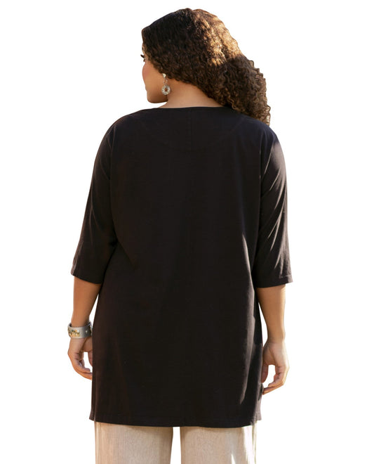 Back View of On The Plus Side Black Plus Size Jersey Henley 3/4 Sleeve Tunic |  OTPS BLACK