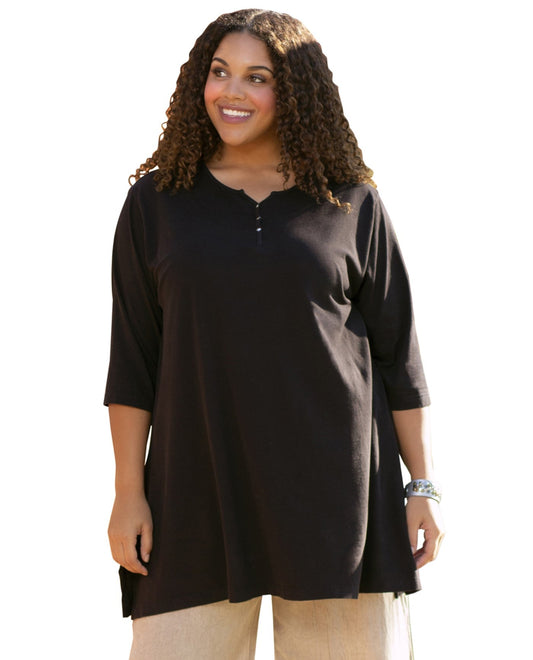 Front View of On The Plus Side Black Plus Size Jersey Henley 3/4 Sleeve Tunic |  OTPS BLACK