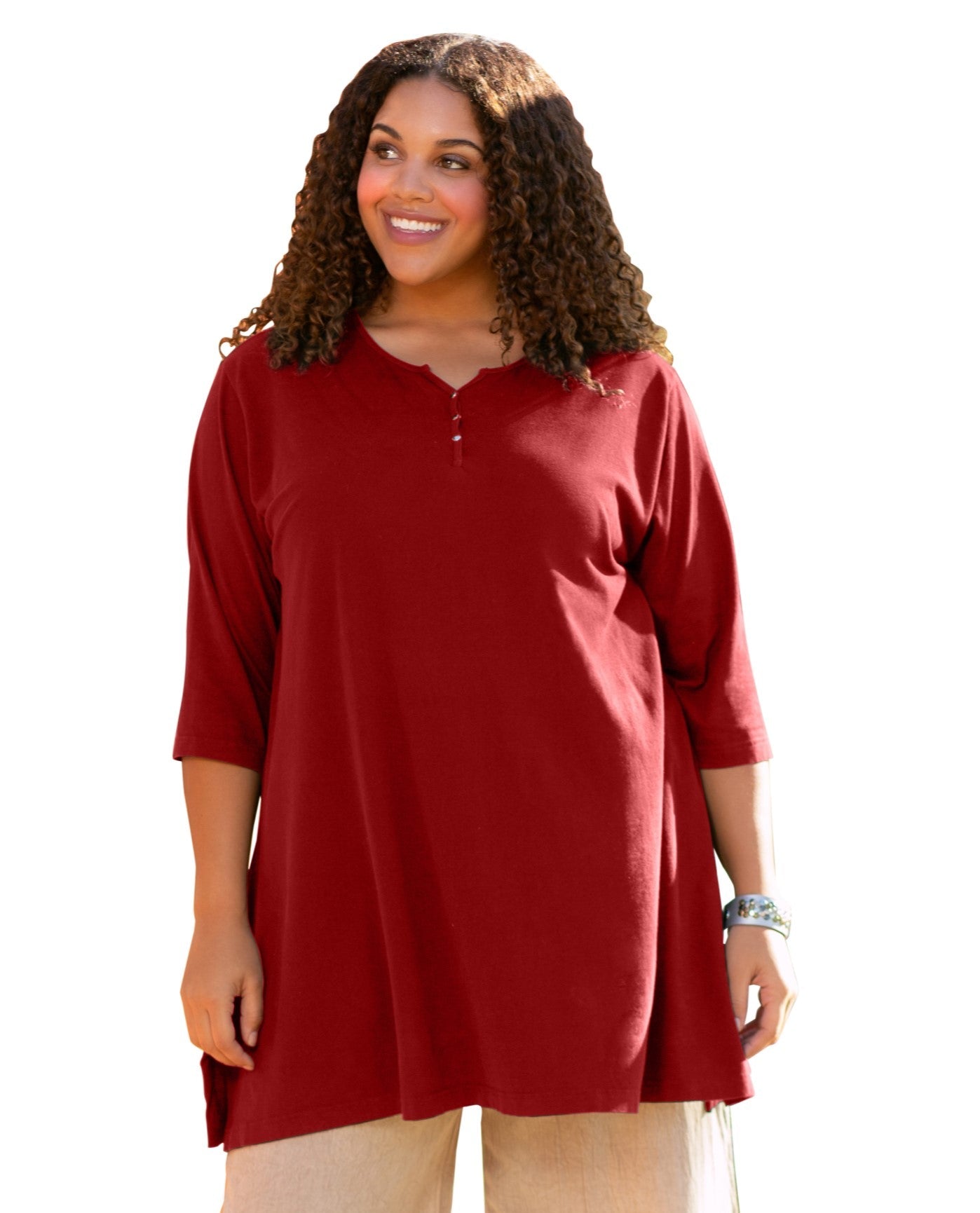 Front View of On The Plus Side Red Plus Size Jersey Henley 3/4 Sleeve Tunic |  OTPS RED