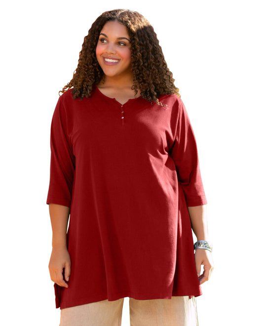 Front View of On The Plus Side Red Plus Size Jersey Henley 3/4 Sleeve Tunic |  OTPS RED
