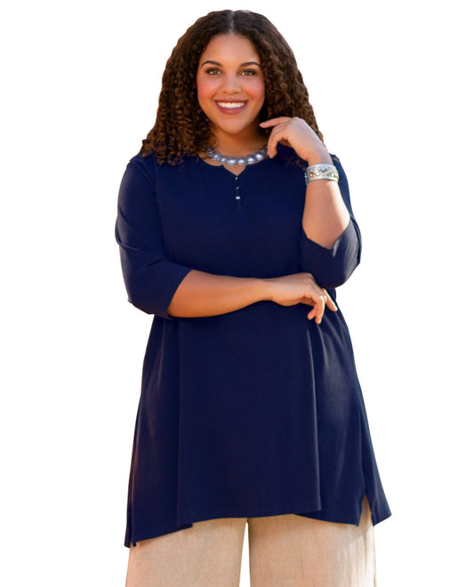 Front View of On The Plus Side Blueberry Plus Size Jersey Henley 3/4 Sleeve Tunic |  OTPS BLUEBERRY