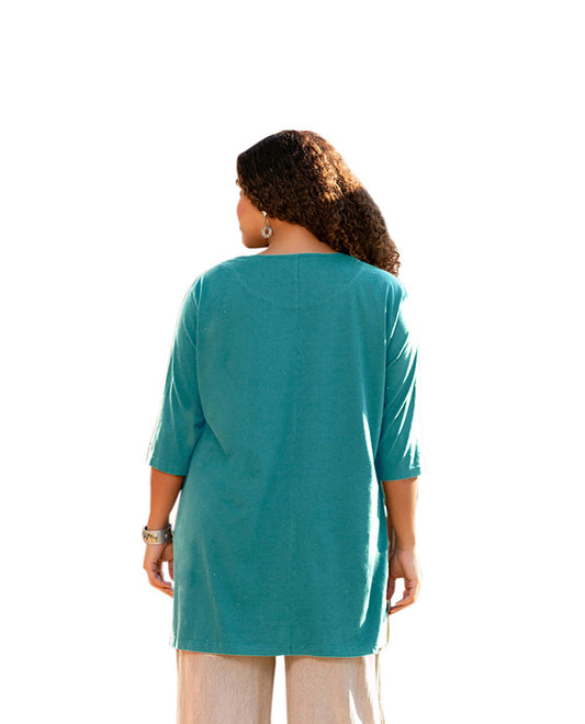 Back of Plus Size Jersey Henley 3/4 Sleeve Tunic | 044 OTPS Emerald Green