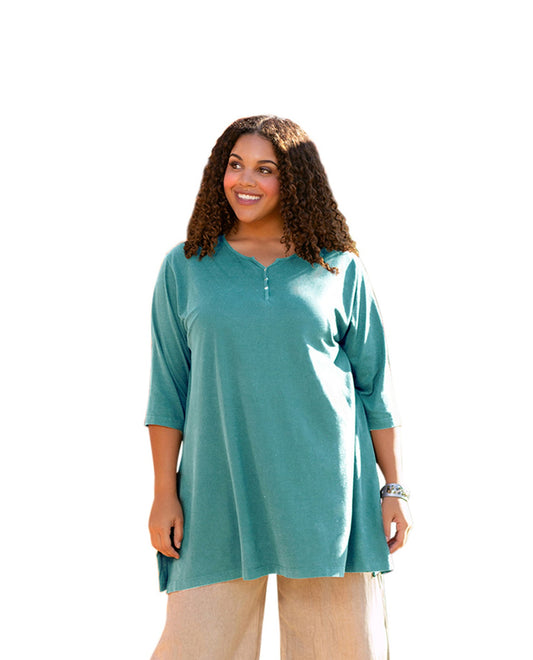 Front of Plus Size Jersey Henley 3/4 Sleeve Tunic | 044 OTPS Emerald Green