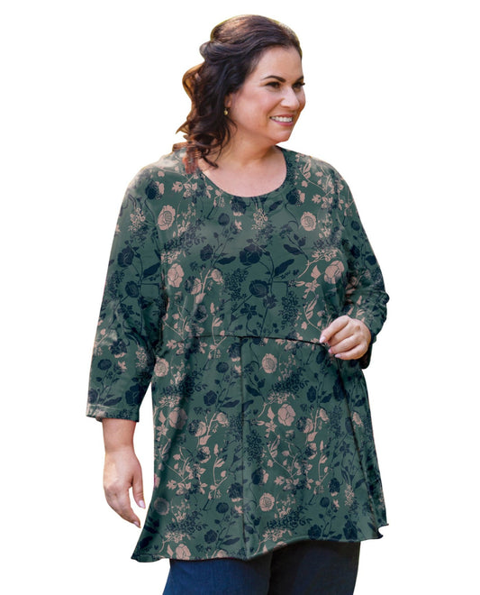 Front View of On The Plus Side Hunter Flower Plus Size Heartwood 3/4 Sleeve Seam Detail Tunic |  OTPS HUNTER