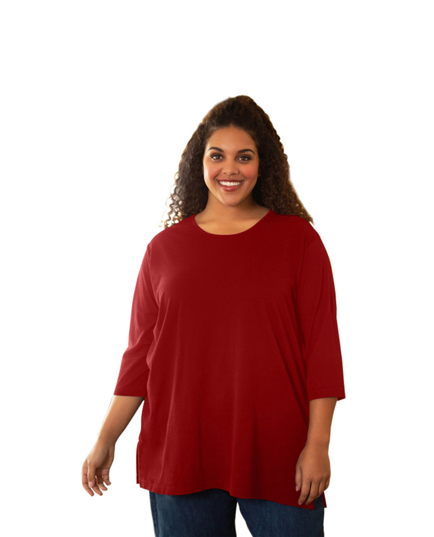 Front of Plus Size Cotton U-Neck 3/4 Sleeve Tee | 003 OTPS Red