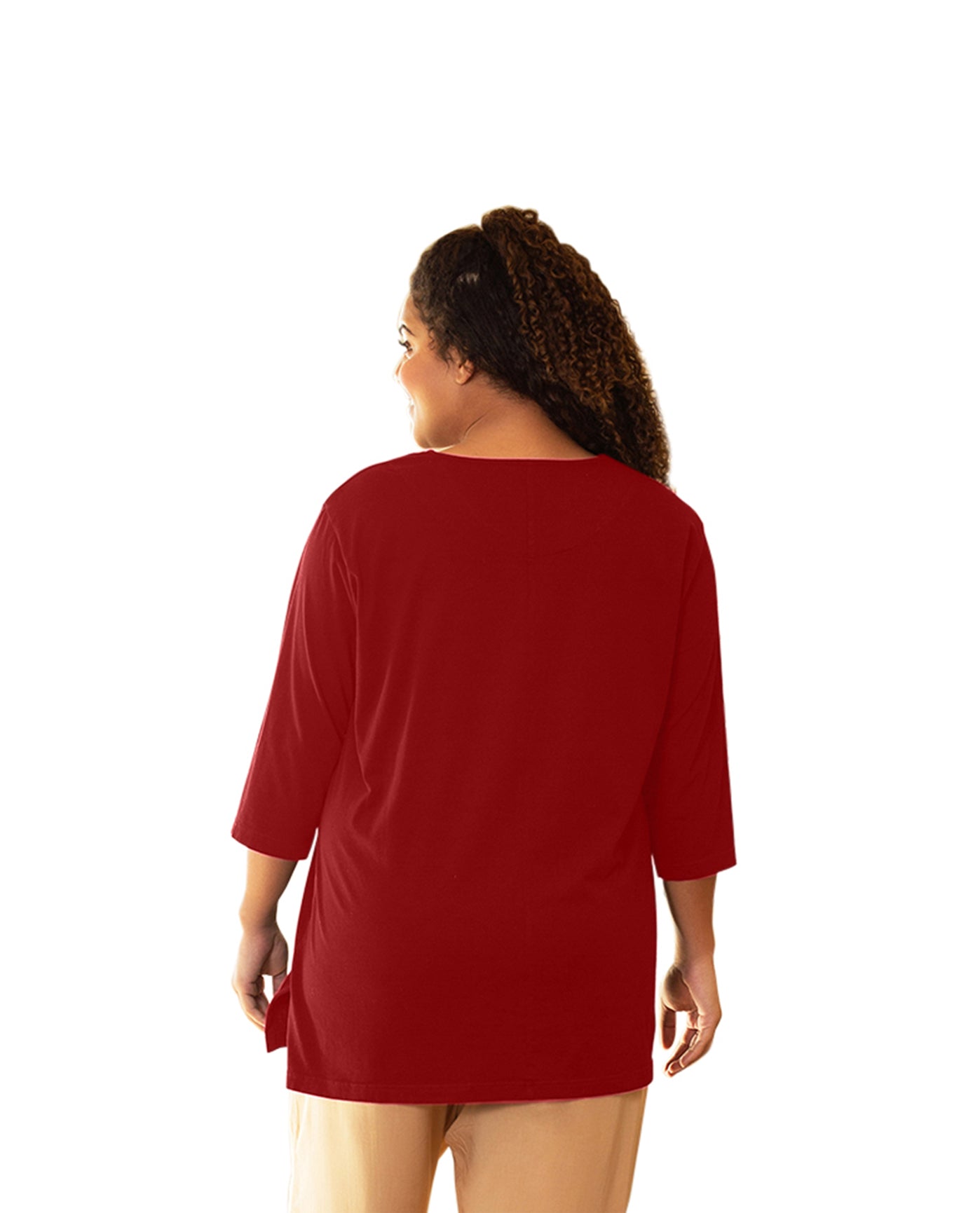 Back of Plus Size Cotton U-Neck 3/4 Sleeve Tee | 003 OTPS Red