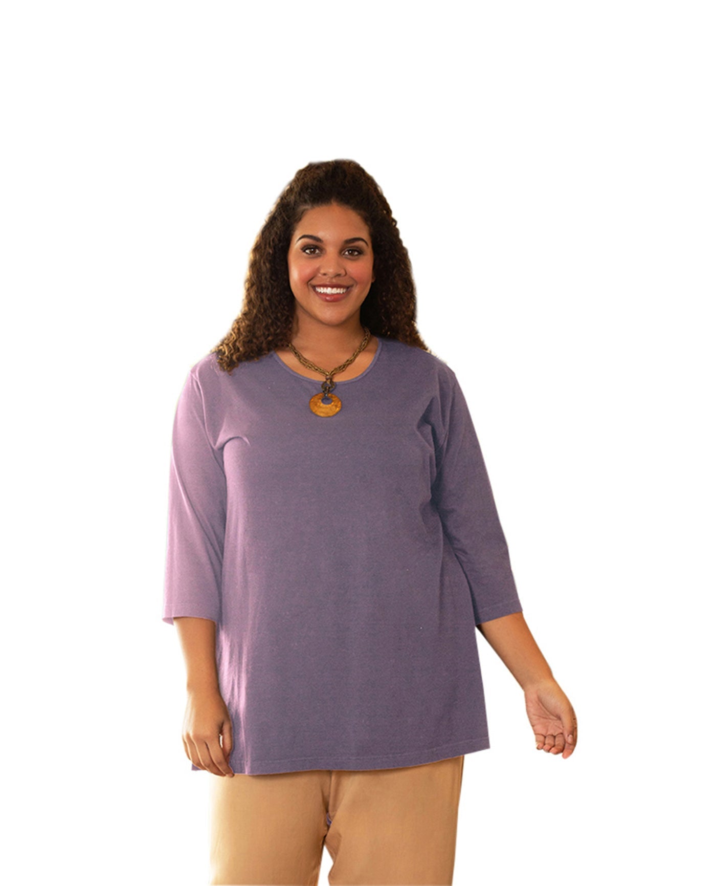 Front of Plus Size Cotton U-Neck 3/4 Sleeve Tee | 043 OTPS Dusty Lavender