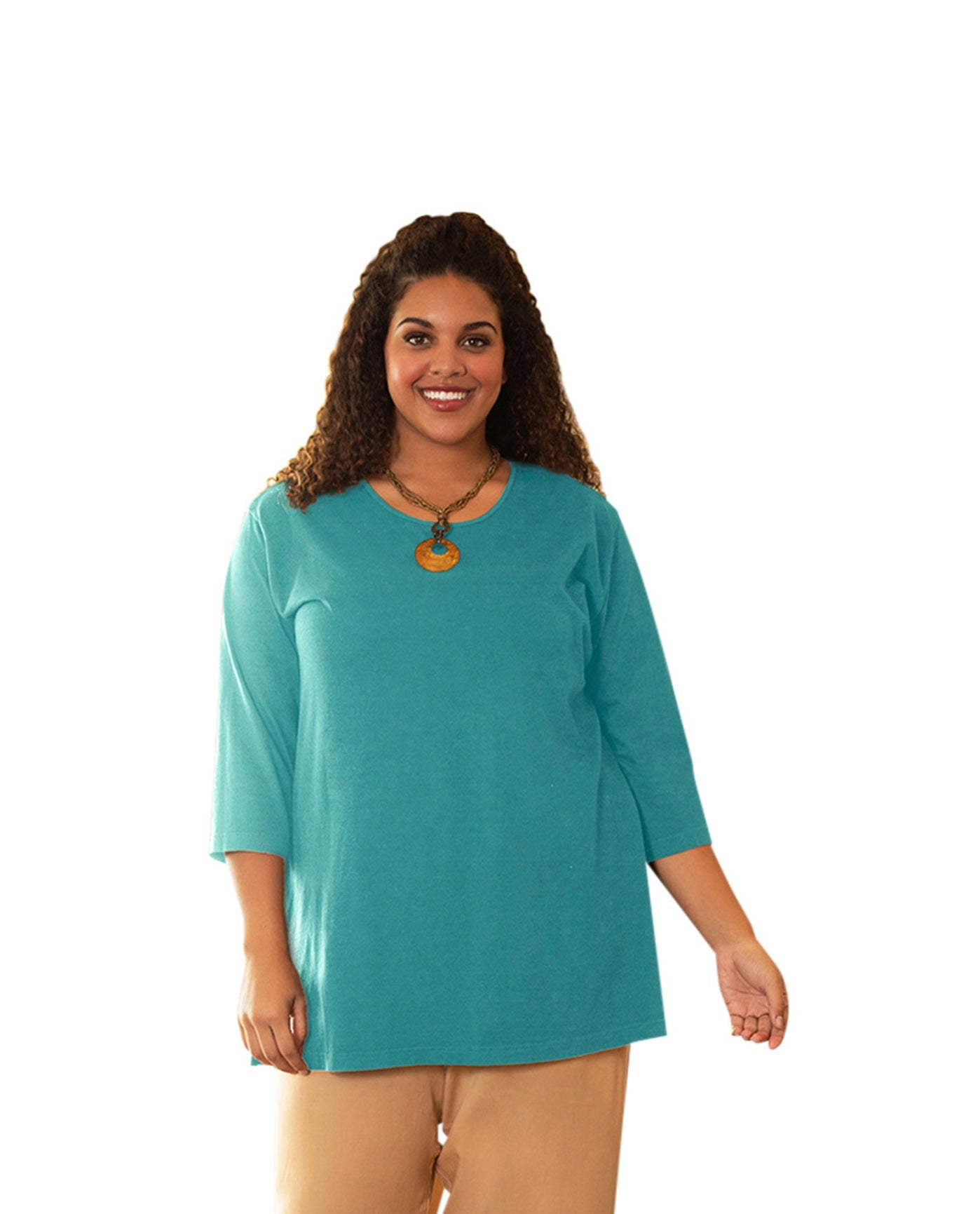 Front of Plus Size Cotton U-Neck 3/4 Sleeve Tee | 044 OTPS Emerald Green