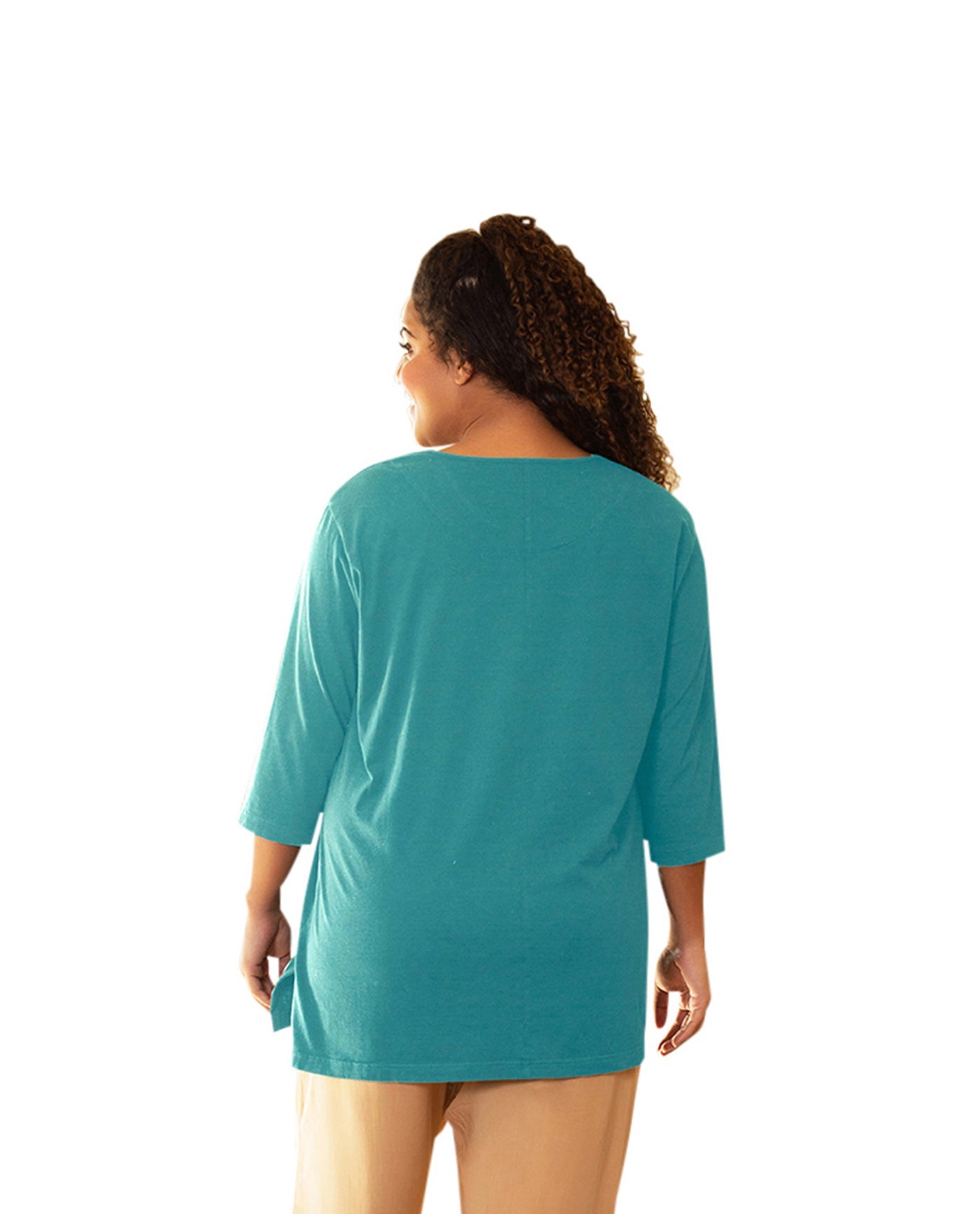 Back of Plus Size Cotton U-Neck 3/4 Sleeve Tee | 044 OTPS Emerald Green