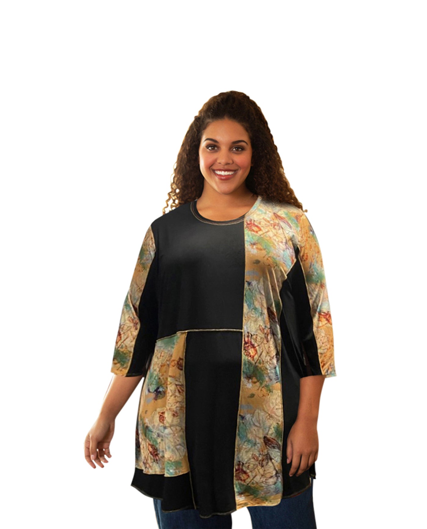 Front of Plus Size Print Block 3/4 Sleeve Tunic with Contrast Stitching | 213 OTPS Dry Roses