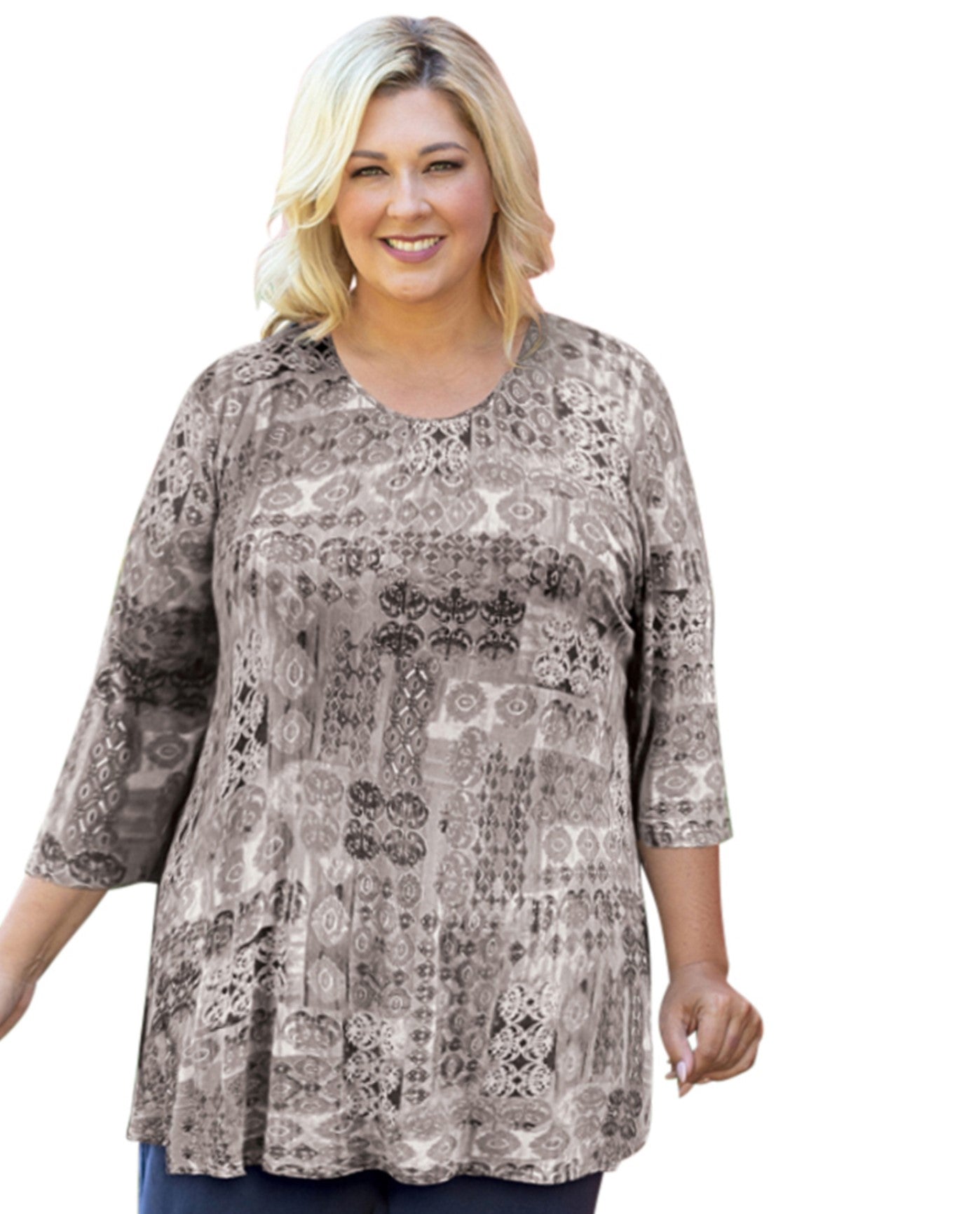 Front View of On The Plus Side Painted Winter Plus Size Foiled Orla 3/4 Sleeve Handkerchief Tunic | OTPS PAINTED WINTER
