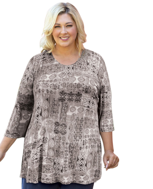 Front View of On The Plus Side Painted Winter Plus Size Foiled Orla 3/4 Sleeve Handkerchief Tunic | OTPS PAINTED WINTER